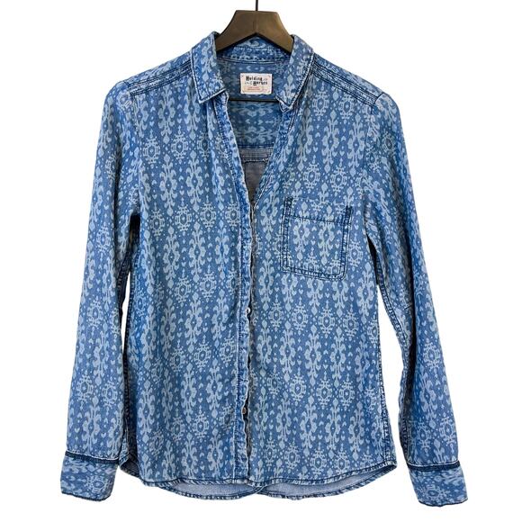 Holding Horses Anthropologie Size 0 Button Down Shirt Lyocell Blue Print - Picture 1 of 11